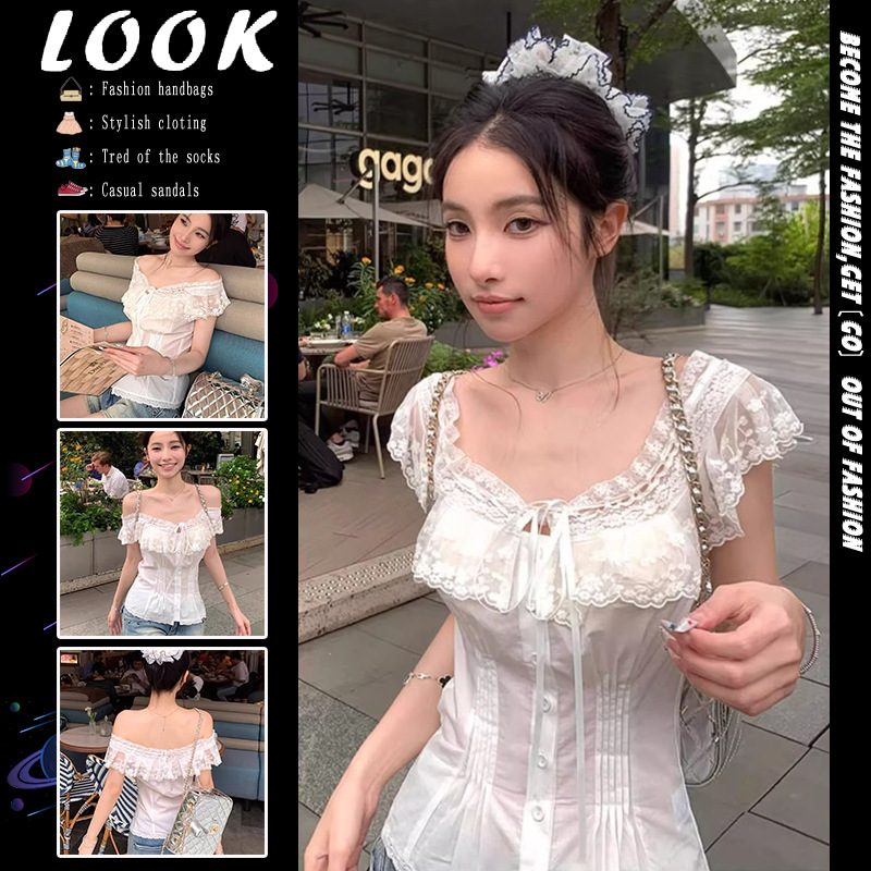 White Lace One-Shoulder Shirt for Women, Summer Design, Waist Slimming, Slimming, Short Pure Lust Top