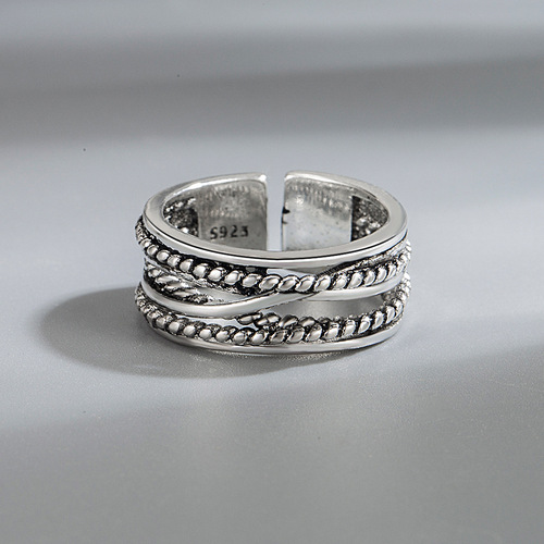 Braided twisted rope ring, retro imitation Thai silver, old men's and women's creative personalized copper coin open ring