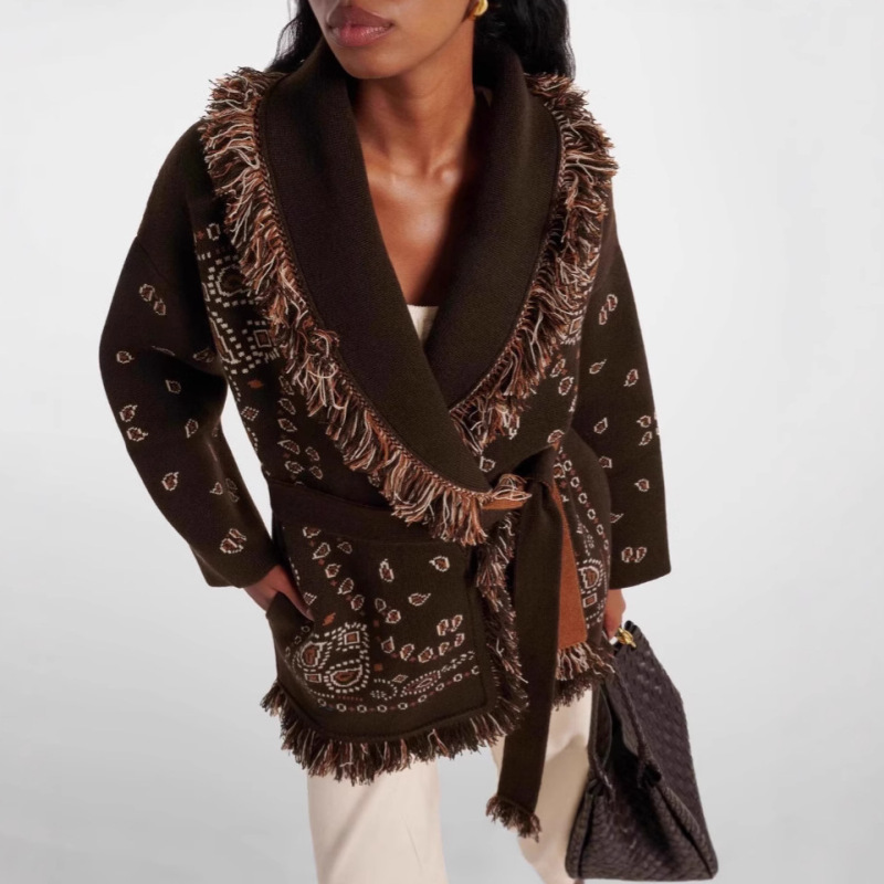 European and American Amazon Export Thickeneded Knitted Cardigan Autumn and Winter Loose Mid-Length Tassel Sweater Jacquard Wool Jacket European and American Amazon Export Thickeneded Knitted Cardigan Autumn and Winter Loose Mid-Length Tassel Sweater Jacquard Wool Jacket
