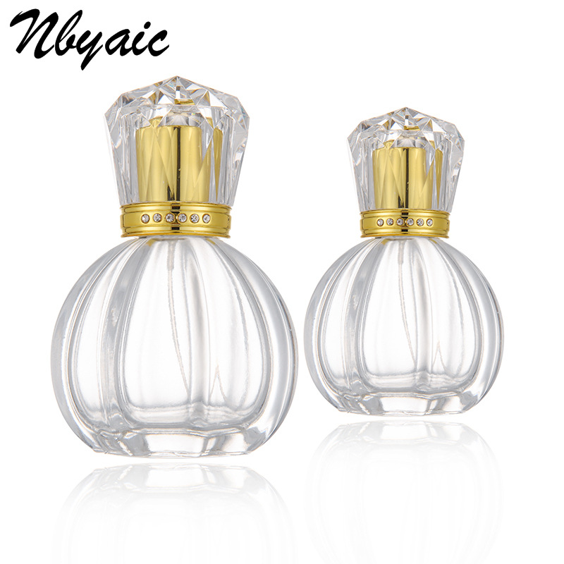 En stock B005-50ml cubierta de cristal transparente de diamante alto grado botella de perfume de calabaza botella de spray vacía de vidrio
