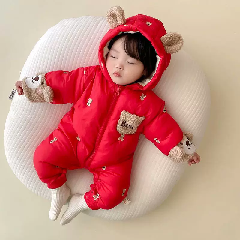 婴儿连体衣冬季加绒加厚冬装女宝宝哈衣爬服冬款超萌棉衣棉服外穿