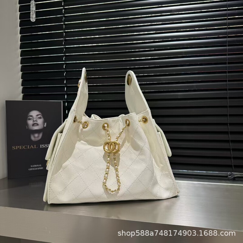 小香25C抽绳水桶包鱼子酱菱格链条包中古托特包大容量单肩腋下包|undefined