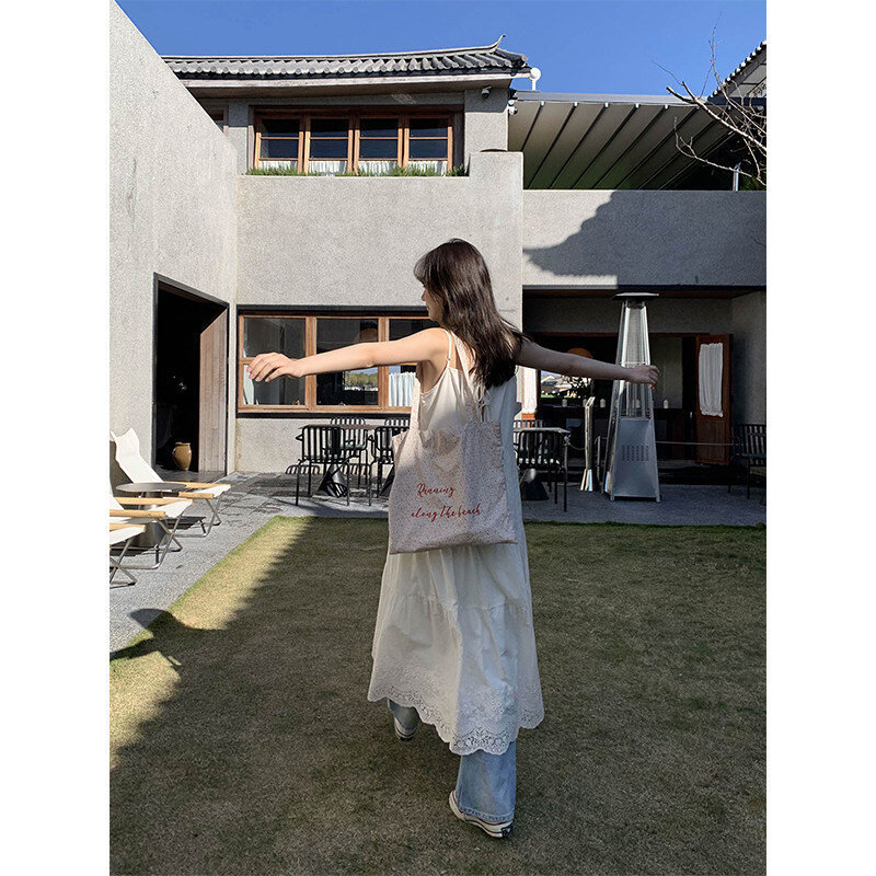 Resort Style Bow-Knot Heavy Lace Suspender Dress for Women, New Summer Loose Long Dress
