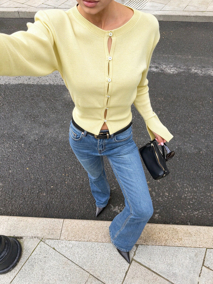 Áo len cardigan nữ cổ tròn dáng ôm thắt eo tay dài cổ tay xẻ, dài áo 50–65 cm — Vàng nhạt, Xanh da trờicolor, màu nâu, màu tím chi tiết 11