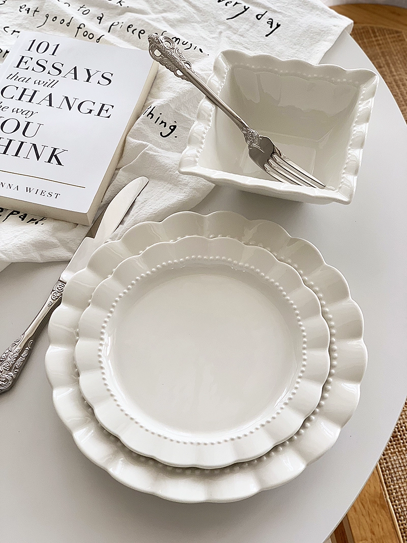 Anmu Liangpin foreign trade export super beautiful light luxurious bead dot lace pure white ceramic home dish plate