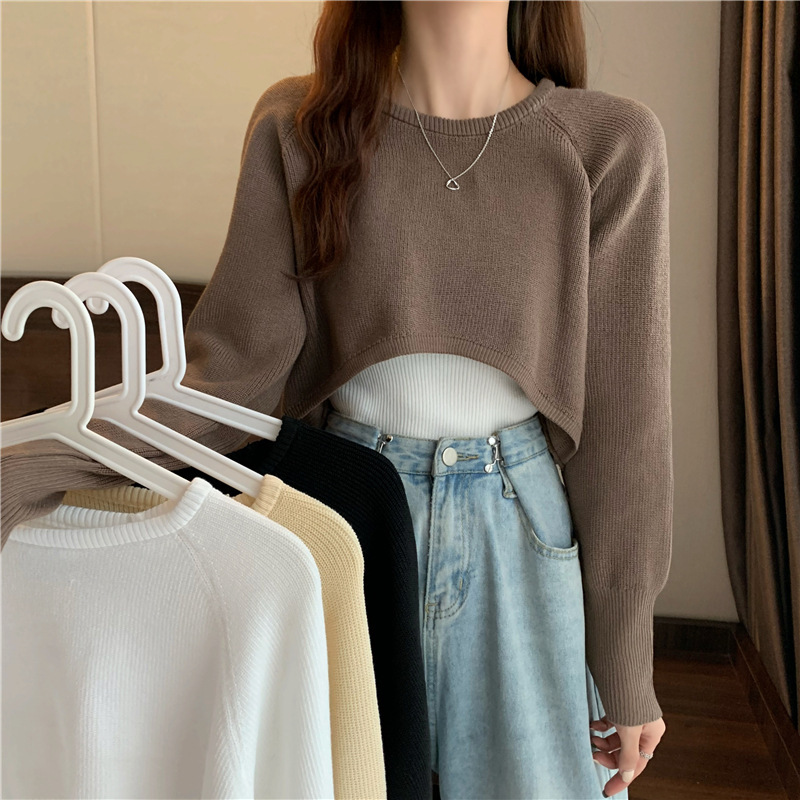 Irregular Round Neck Solid Color Long-Sleeved Knitted Sweater Women's Autumn Wear Korean Style Retro All-Match Slimming Short Pullover Base Shirt