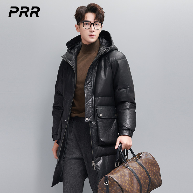 Goose Down Jacket Men's Genuine Leather Coat Sheepskin Coat Long Hooded Coat fleece-lined Thickened Winter Coat
