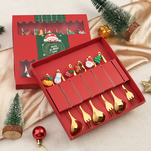 Stainless steel Christmas spoon set Christmas tableware coffee spoon fruit fork cartoon Christmas doll spoon fork