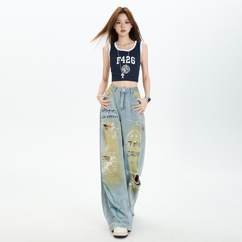 时尚洋气百搭涂鸦破洞直筒牛仔裤女2025年夏季新款宽松显瘦阔腿裤|undefined