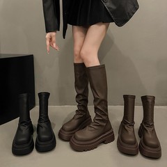 厚底长筒靴女2025春季新款不过膝高筒骑士靴小个子堆堆长靴马丁靴