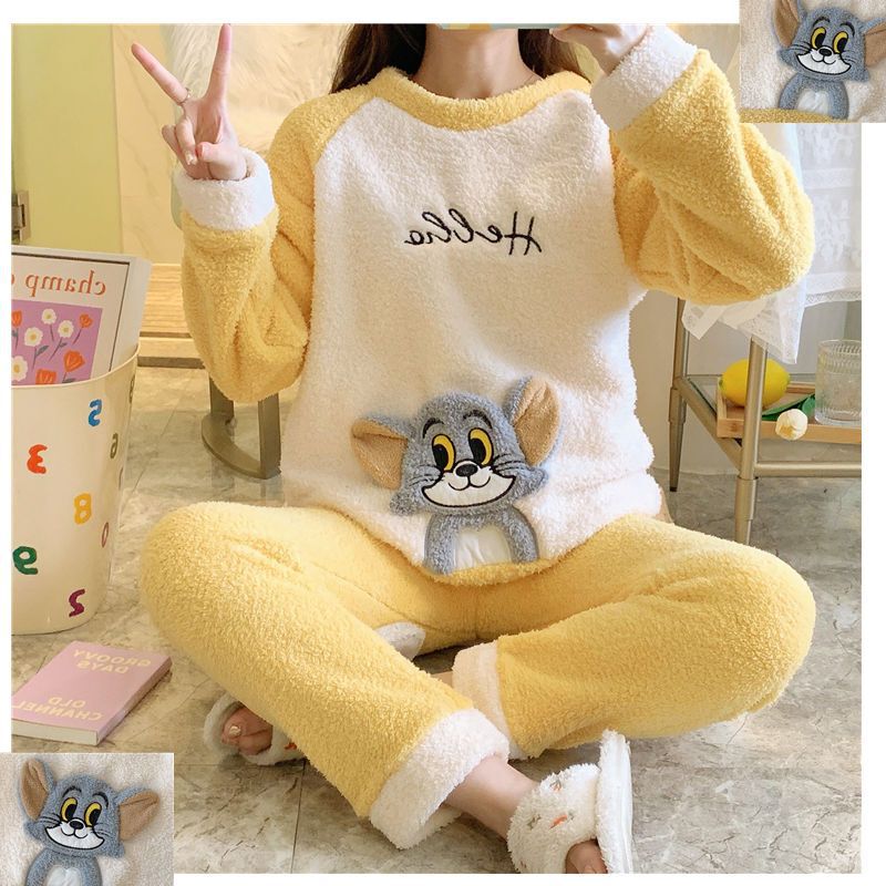 Coral Velvet Pajamas for Women Fleece-Lined Thickeneded Warm Long-Sleeved Large Size Polar Fleece Suit Autumn and Winter Flannel Home Clothes