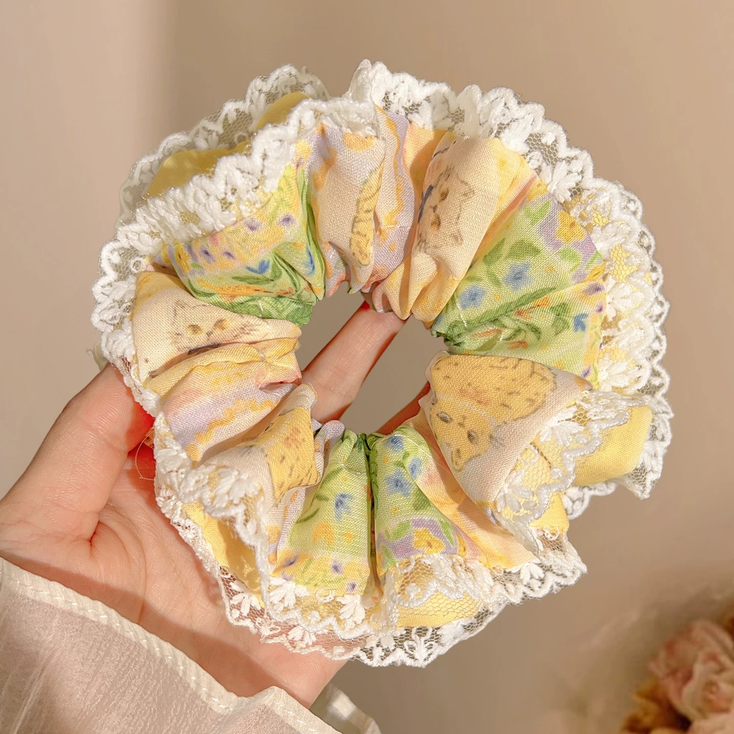 82# french sweet pastel yellow floral lace scrunchie - approximately 14cm