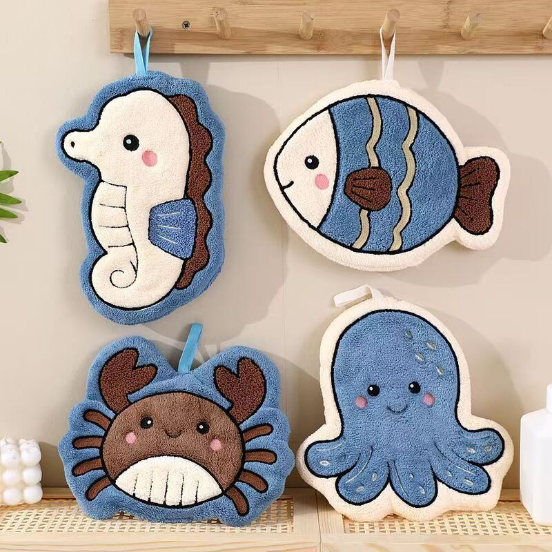 Cross-border supply marine hand towel, double-layer thickened, absorbent, seahorse and octopus design, hanging towel, kitchen embroidered hand cloth