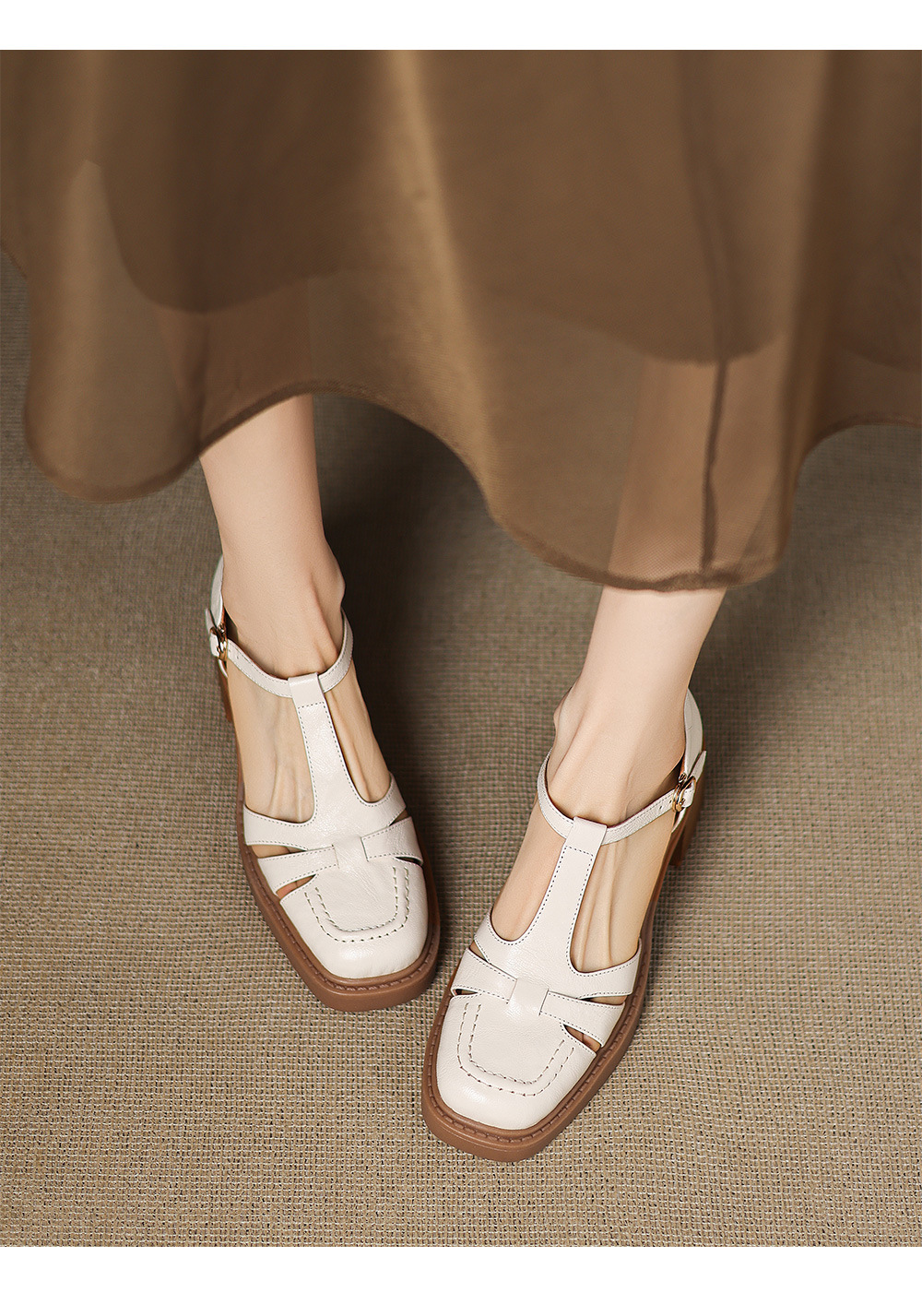 Sandal nữ quai hậu da thật dệt kiểu retro, gót dày, mũi nhọn, đế mềm — Màu trắng nhạt chi tiết 9