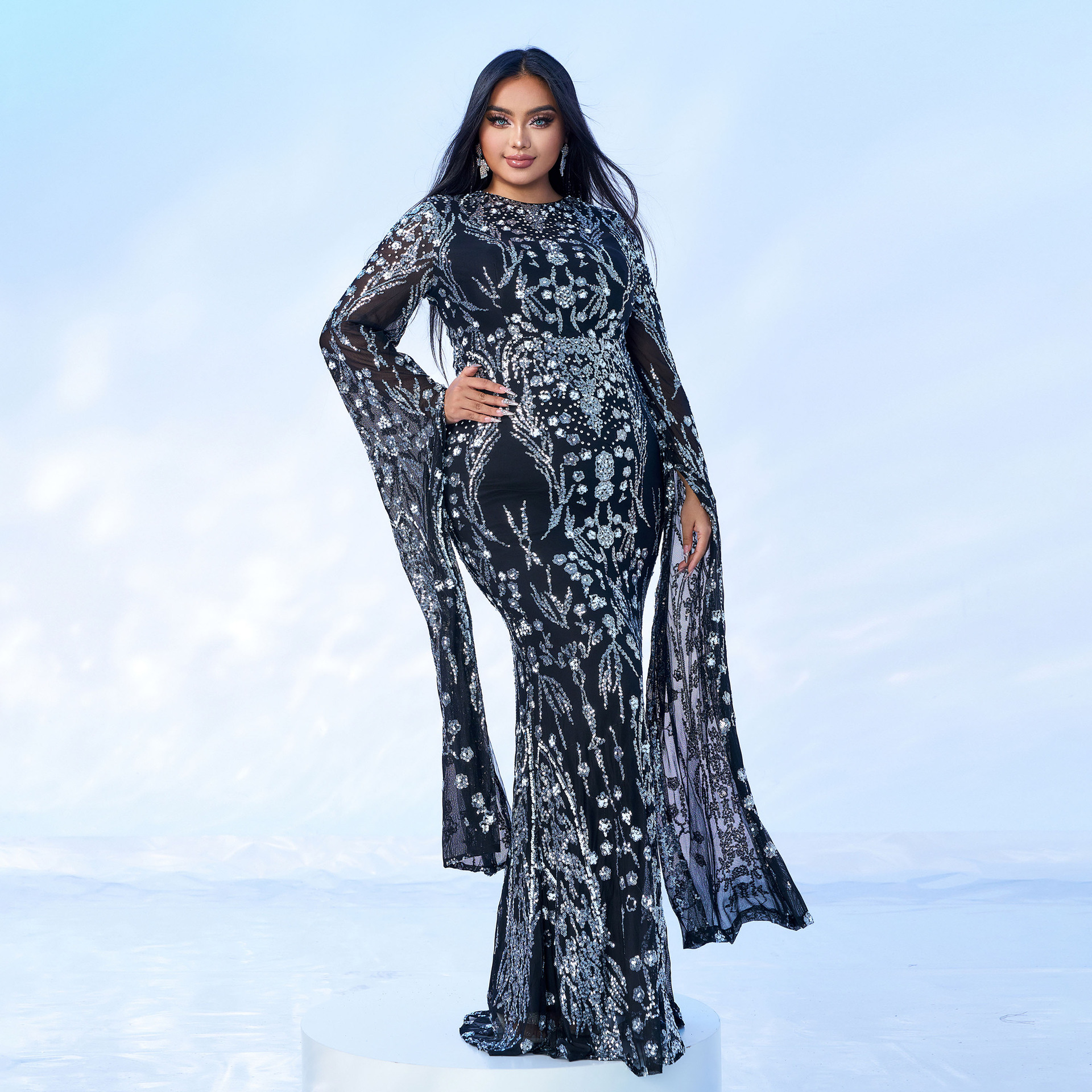 Women's Clothing ultra long sleeve temperament round neck sexy slim long sequined banquet evening dress bridesmaid dress_voghion.com