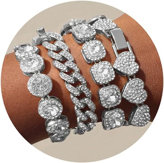 Amazon New Round Square Heart 4 Set Hip Hop Cuban Chain Quadrilateral Prismatic Diamond Bracelet