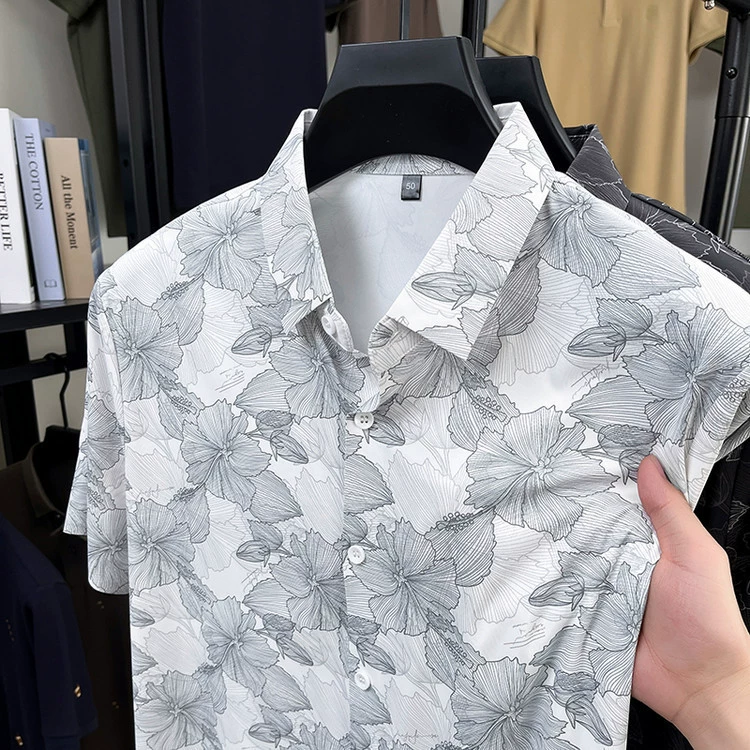 2025 Мужская летняя деловая рубашка с коротким рукавом с отложным воротником Повседневная мода Универсальная драпированная рубашка с половиной рукава без глажки с коротким рукавом