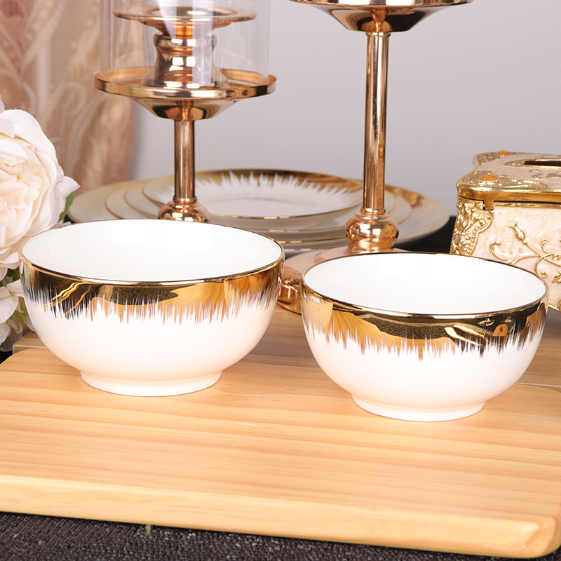 北欧简约扫金边碗陶瓷直口碗扫丝金丝边大汤碗沙拉碗面碗米饭碗