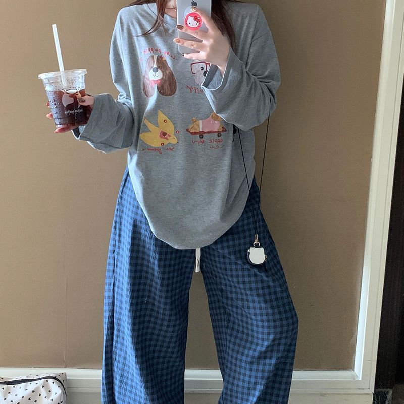 2025 New Pajamas for Women, Long-Sleeved Round Neck, Korean Style Cartoon Sweet and Cute Girl Home Clothes Set That Can Be Worn Outside