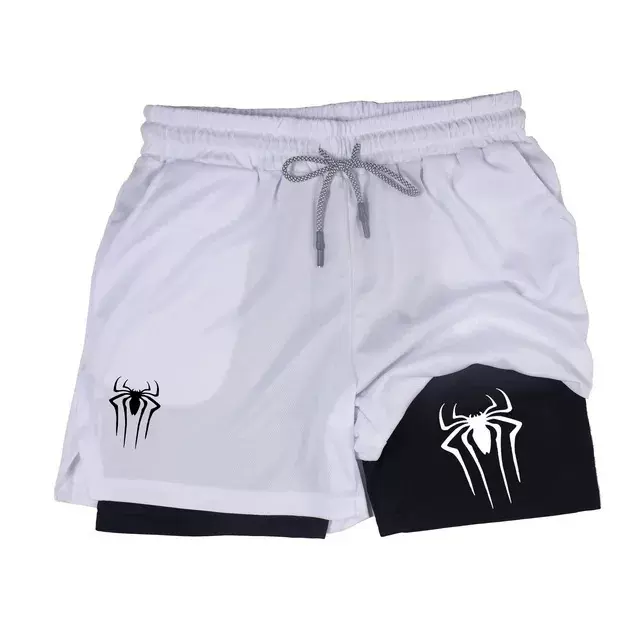 Y2K性能短裤男士蜘蛛印花健身房休闲运动压缩短裤锻炼跑步网眼2合