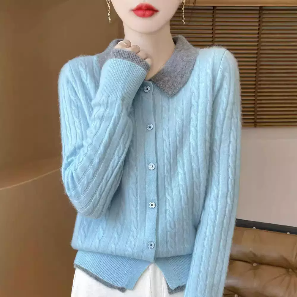 女士羊绒衫2024秋冬撞色翻领纯羊毛修身百搭女学院风针织开衫批发