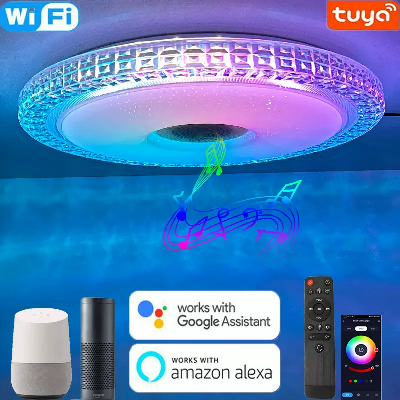 炫彩追光音乐吸顶灯涂鸦wifi智能卧室灯RGBCW水晶情景灯直销工厂