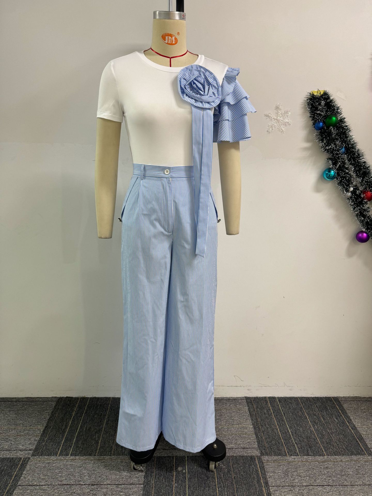 Round Neck Short Sleeve Striped Contrast Color Wide Leg Pants Two Piece Sets