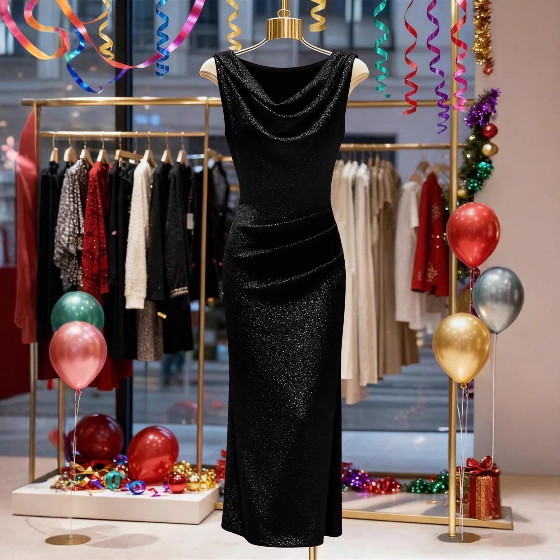 Elegante glitterjurk met split en gelaagde halslijn voor cocktailparty's, bruiloften en banketten._voghion.com