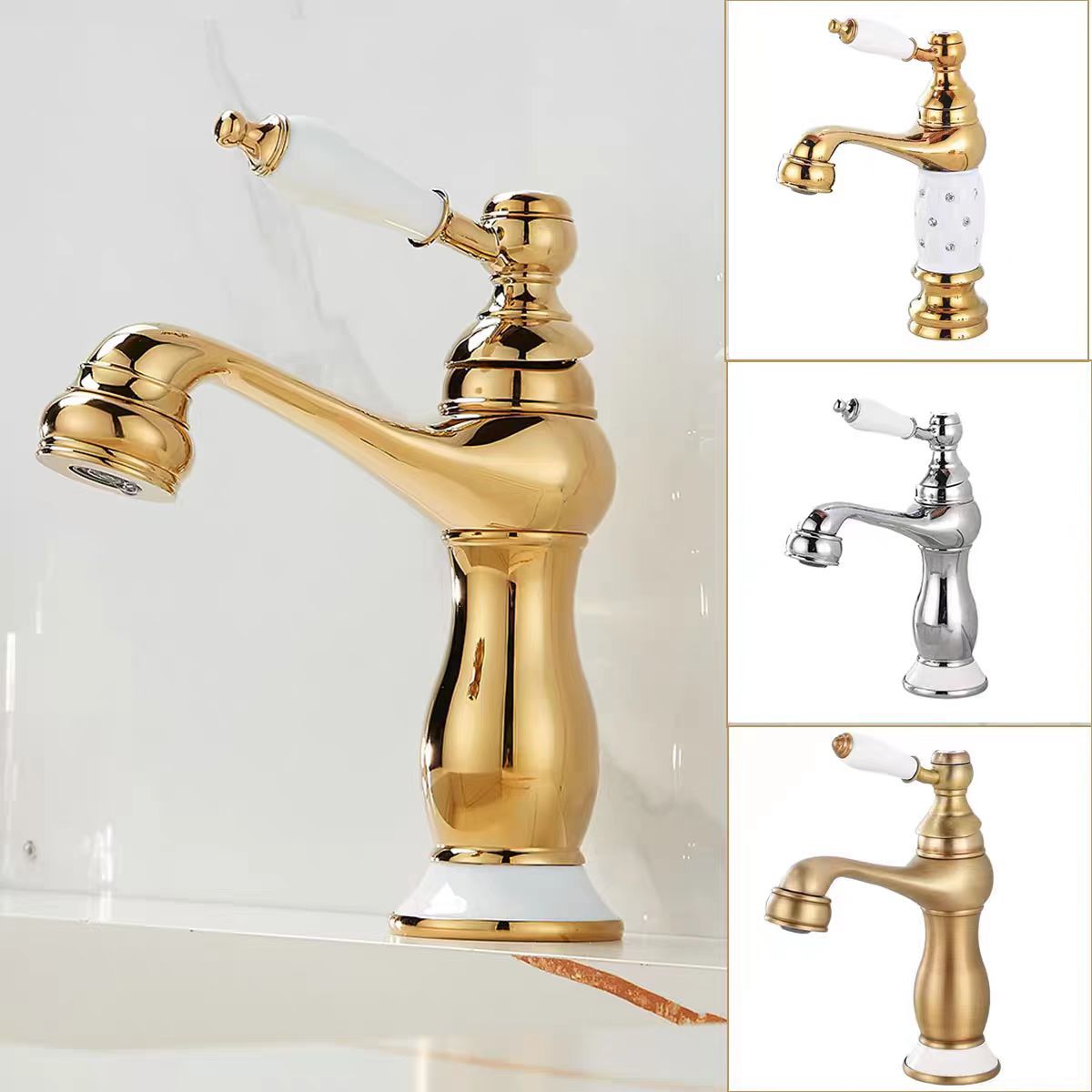 Retro europeo de cobre un solo mango lavabo lavabo grifo lavabo oro francés lavabo grifo frío y caliente