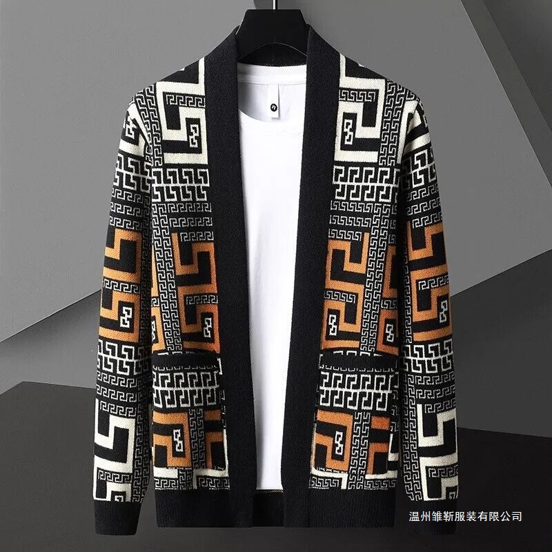 Spring and Autumn Cardigan Men's Knitwear Outerwear Sweater Men's Fashion Casual Printed Sweater Caramel Gray in Stock