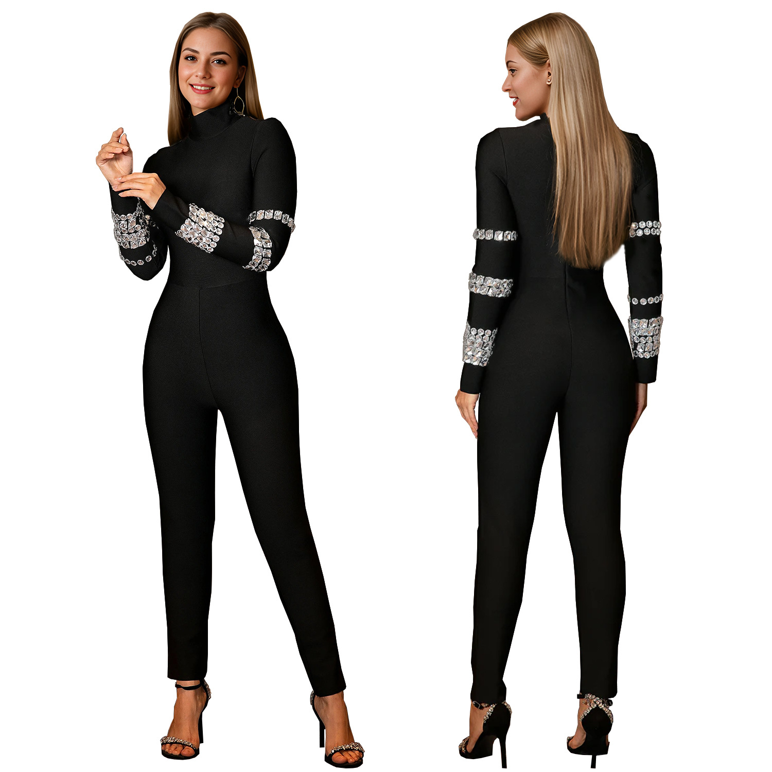 C7173 Aliexpress transfronterizo Amazon Europa y América de moda de mujer manga larga combinación de cuello alto atmósfera de taladro caliente junk image 6