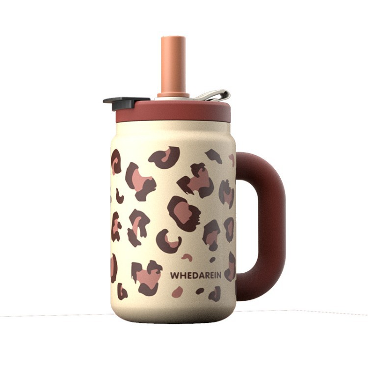 Taza de hielo de leopardo de gran capacidad 316 taza de acero inoxidable taza de agua de alto valor para hombres y mujeres taza de paja con mango taza
