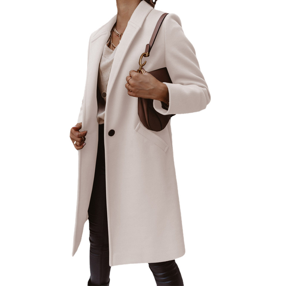 Women's new solid color lapel long button woolen coat coat women_voghion.com