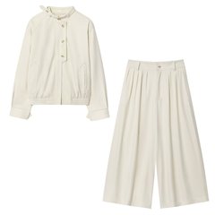 外贸2025夏季新款纽扣拉链长袖外套打褶休闲长裤套装女8114823