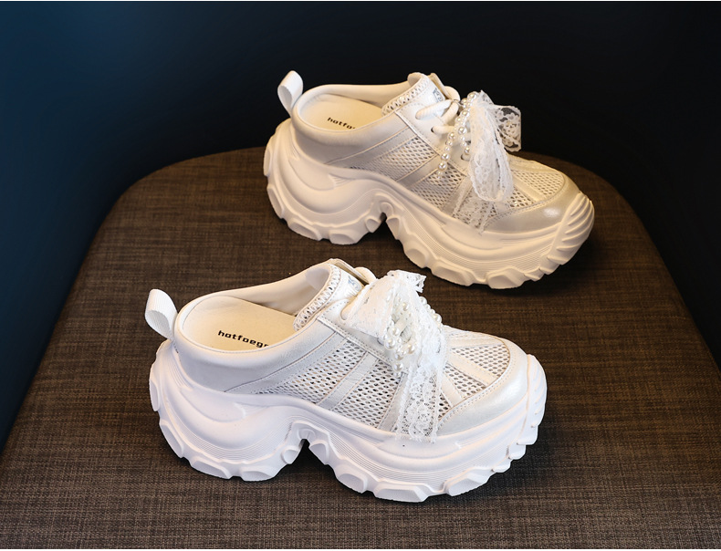 Dép lê bít mũi sneaker nữ đế dày tăng chiều cao mặt lưới thoáng khí — Màu trắng, Màu bạc chi tiết 5