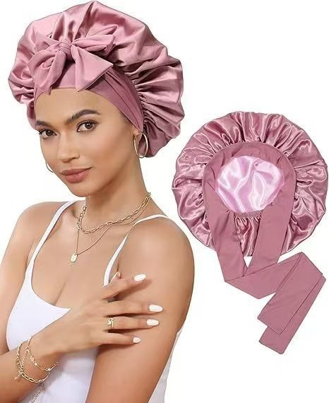 跨境双层色丁飘带睡帽蝴蝶结绑带头巾帽美容护发帽女双面戴bonnet|undefined