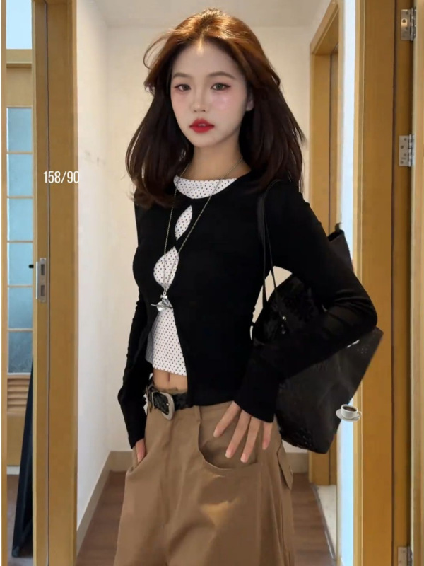 【工厂直发】假两件镂空波点长袖t恤女5秋季新修身显瘦小众打底衫|undefined