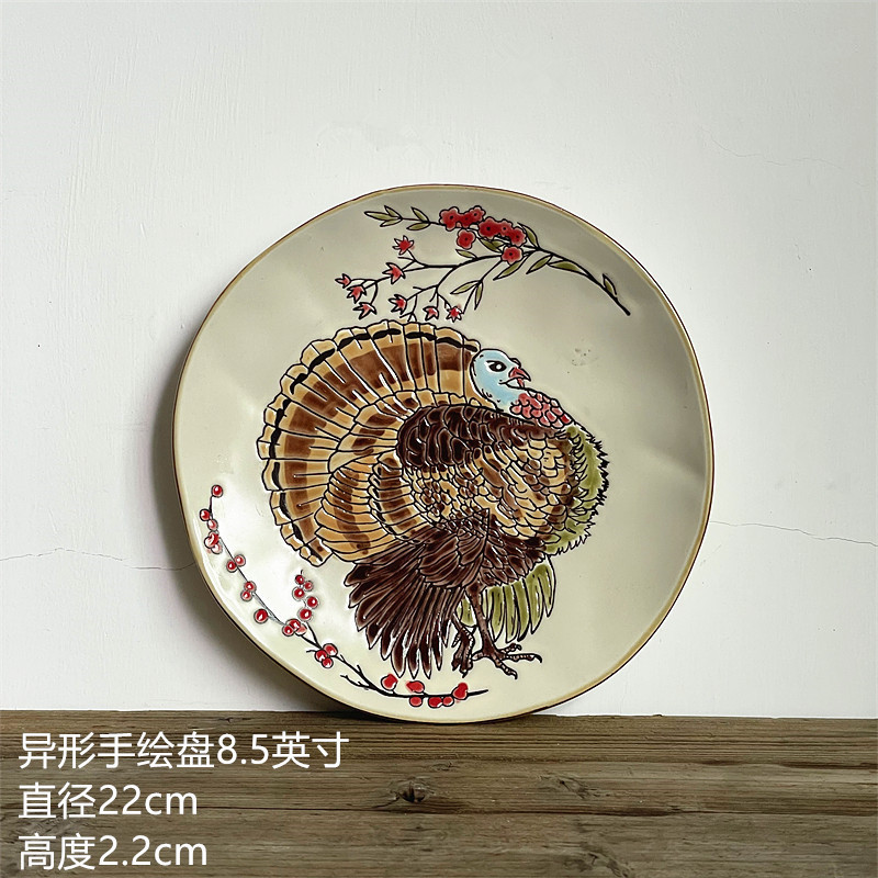 ヨーロッパ式円形大皿陶磁器手描き釉薬下果物クリエイティブケーキ皿家庭用料理皿円形ステーキ皿皿皿|undefined