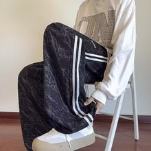 扎染灯芯绒裤子男春秋季条纹宽松直筒长裤港风高街潮休闲运动裤子