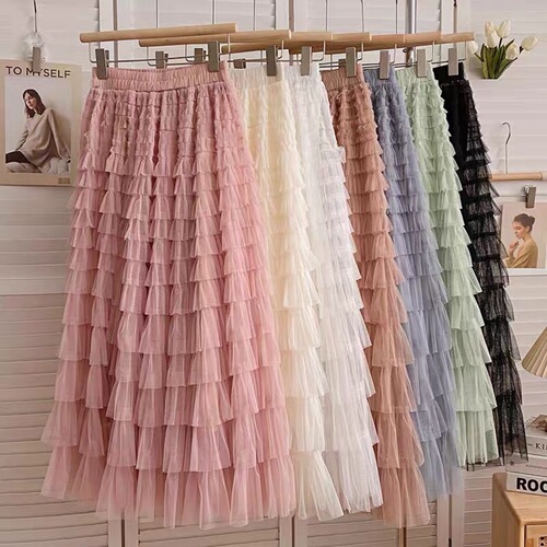 2024 spring and summer cake splicing pink high-waisted half-length solid color cake skirt loose long skirt temperament commuting skirt