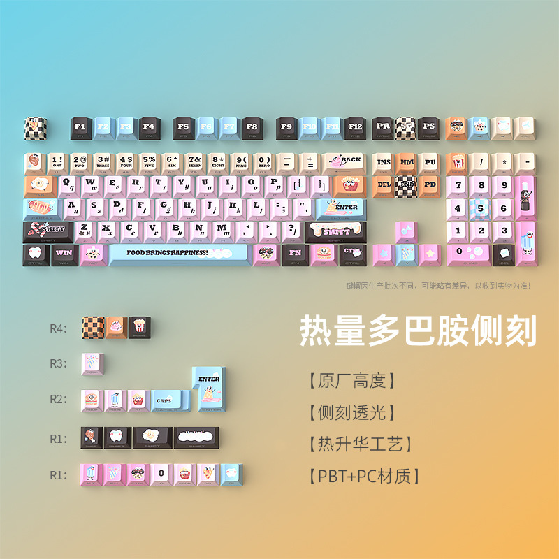 Cross-Border Wholesale Spot Fog Shadow Calorie Dopamine Keycap Original Height 128 Keys Small Full Set Pbt Side Engraved Luminous