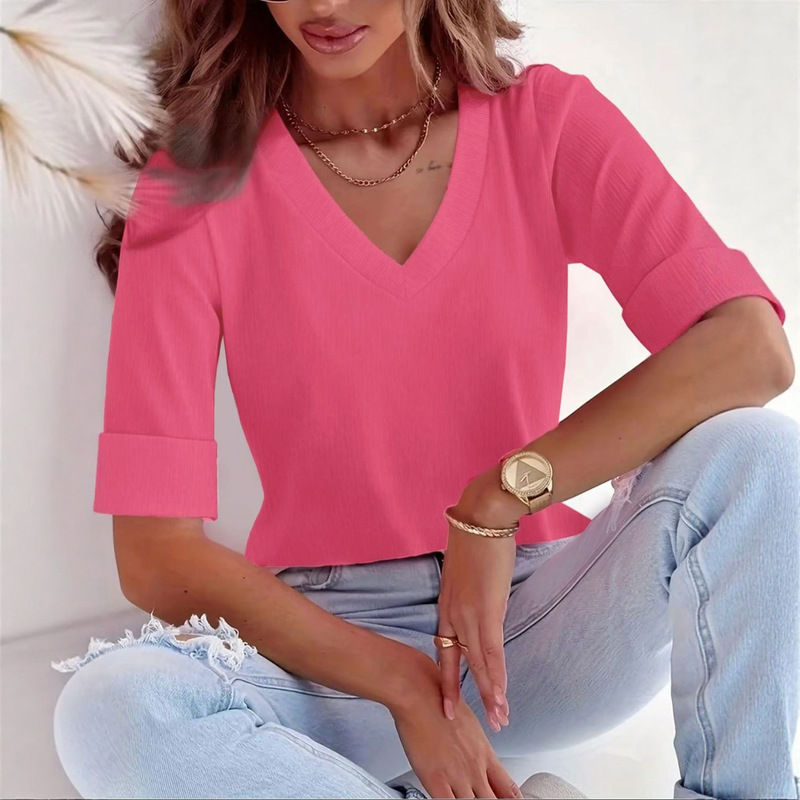 2025 Amazon Cross-Border European and American Vitality Pure Color V-Neck T-Shirt with Regular Short-Sleeved Casual Style for Women