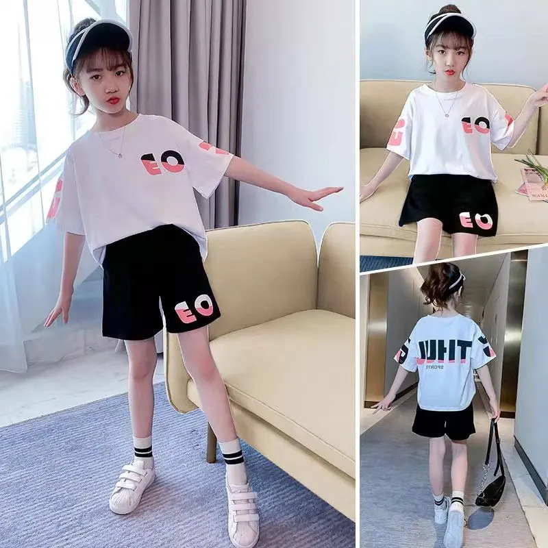 女童运动套装夏季新款中大童韩版字母印花短袖上衣短裤休闲两件套