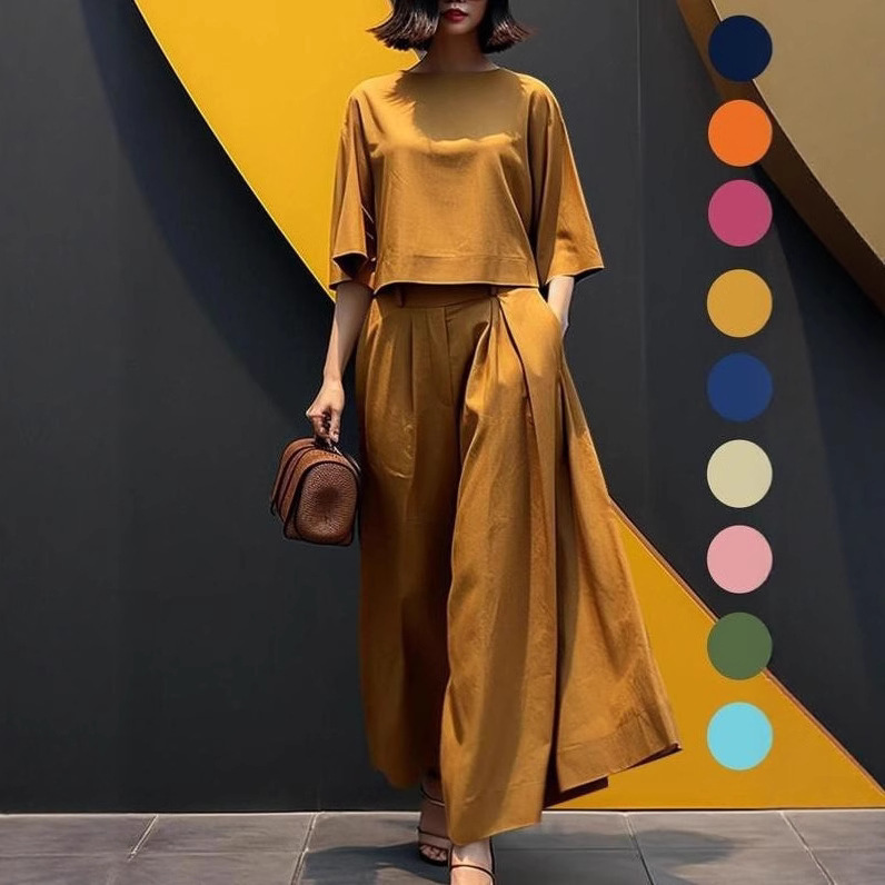 2025 European and American Cross-Border New Korean-Style Fashion Set with Mid-Sleeve Top and Loose Flowing Wide-Leg Pants 2025 European and American Cross-Border New Korean-Style Fashion Set with Mid-Sleeve Top and Loose Flowing Wide-Leg Pants