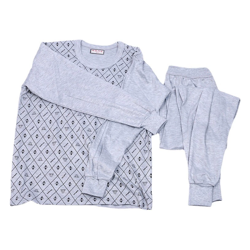 Мужской осенний комплект термобелья с плоским принтом, базовый слой, ткань из смеси полиэстера и хлопка с начесом, с длинными рукавами для мужчин среднего возраста.