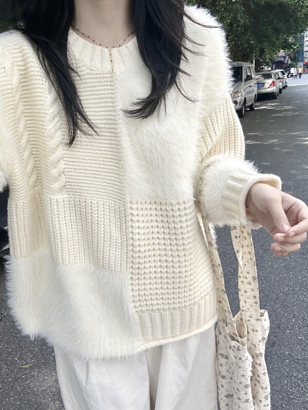 白色拼接水貂绒毛衣女秋冬慵懒高级感冬季设计感韩系宽松针织上衣|undefined