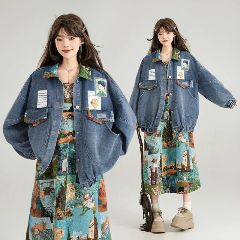 复古牛仔外套女2025秋季法式文艺提花蝴蝶结饰夹克上衣春秋|undefined