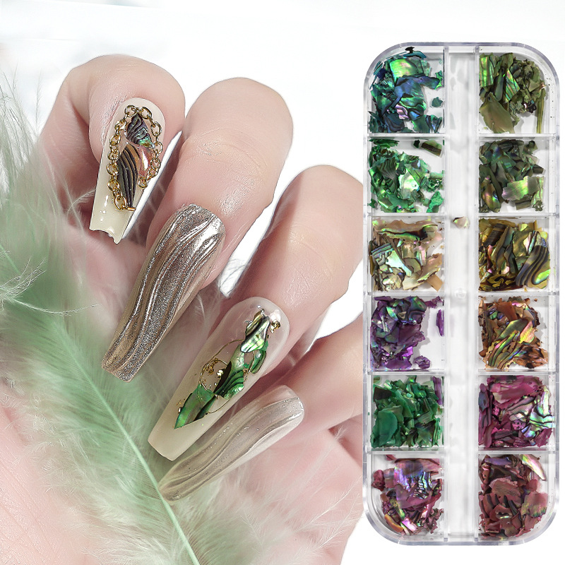 Nuevo fragmento de concha de uñas joyas 12-color mezclado pieza de concha de uñas color mágico Delgado fragmento irregular