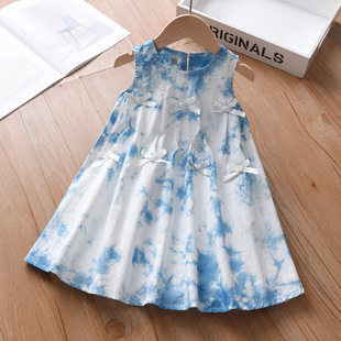 Special Offer Yunnan Ancient Tie-Dye Girls' Dress Summer New Kidsren's Clothing Korean Style Western Style Bow Vest Dress