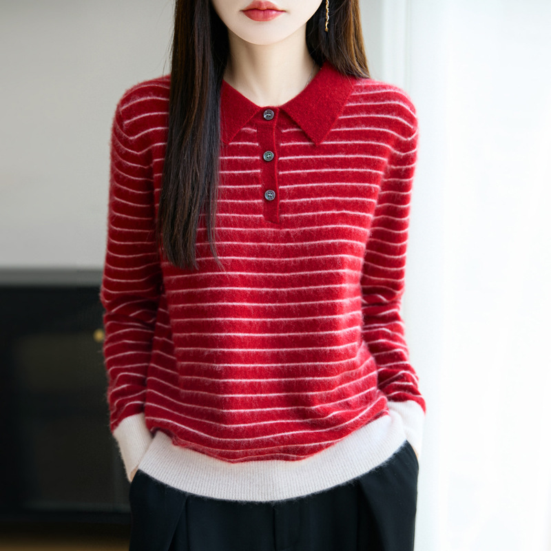 100纯羊毛衫女式翻领毛衣拼色条纹简约设计感时尚通勤风套头内搭|undefined
